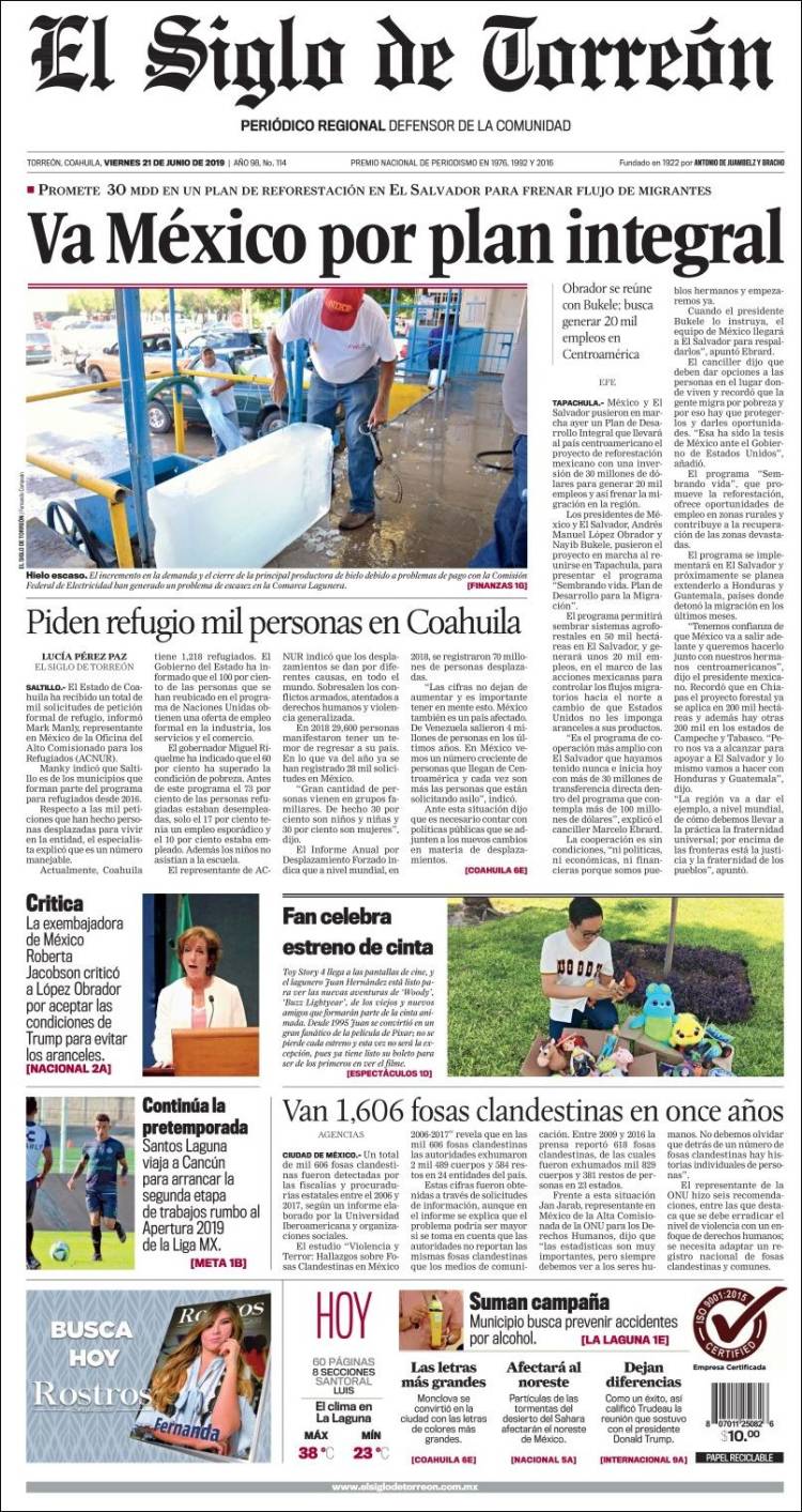 Portada de El Siglo de Torreon (M&eacute;xico)