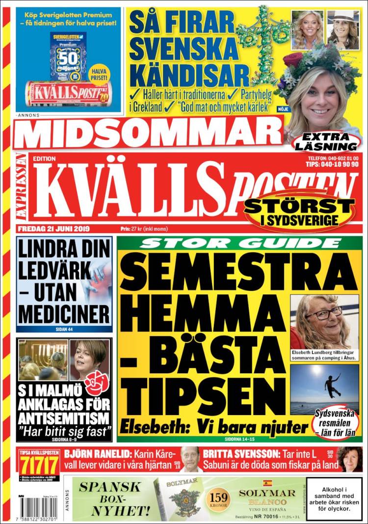 Portada de Kvällsposten (Suecia)