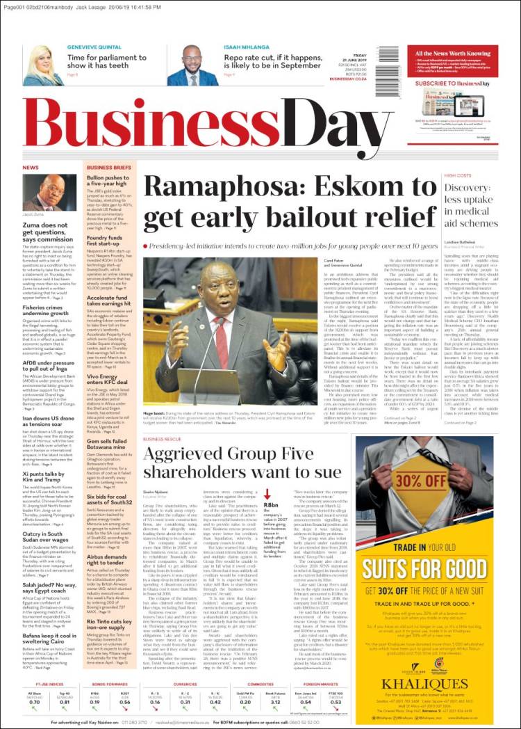 Portada de Business Day (Sud&aacute;frica)