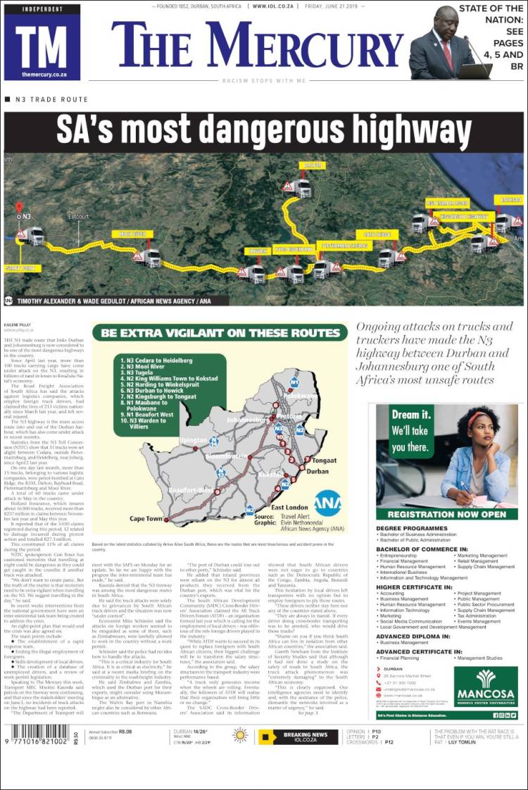 Portada de The Mercury (Sud&aacute;frica)