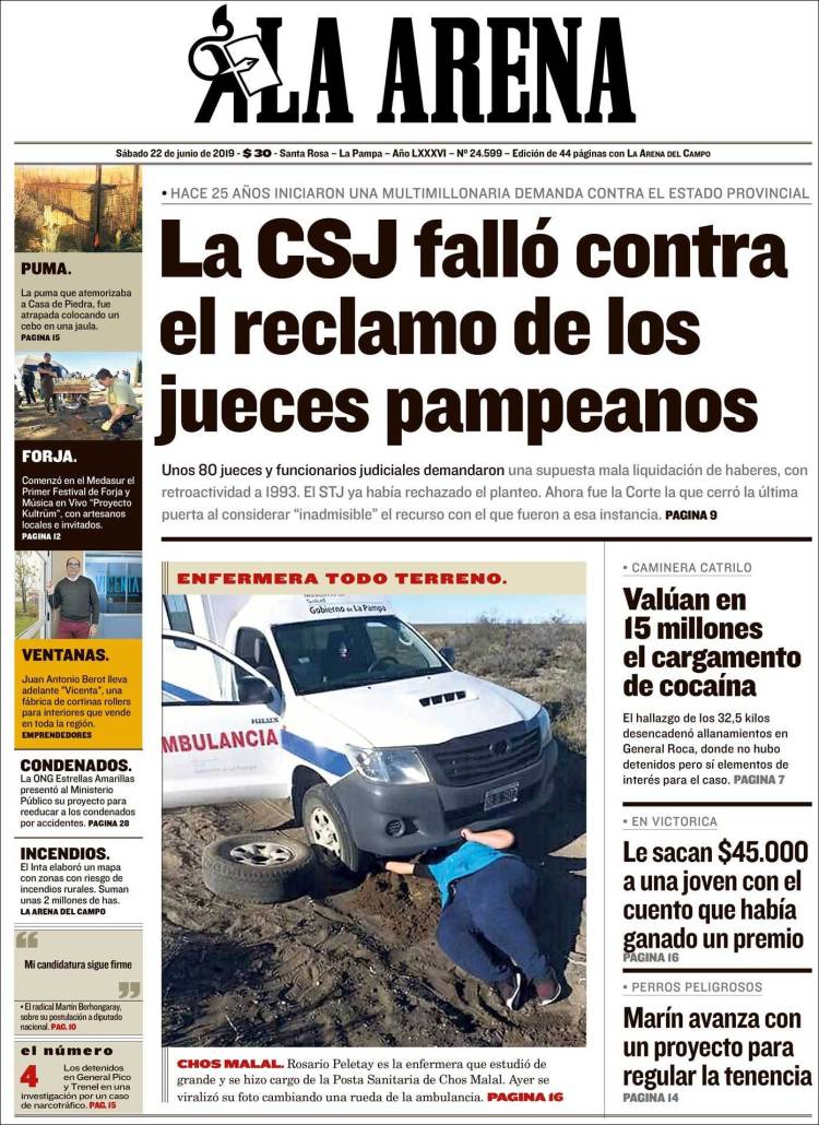 Portada de Diario La Arena (Argentina)