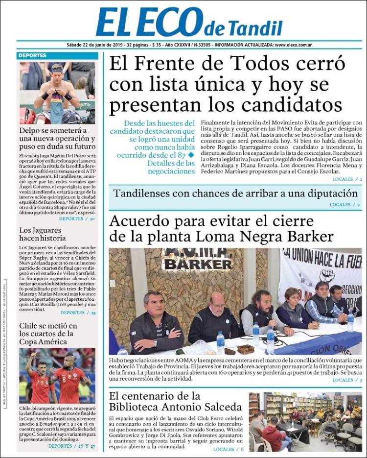 Portada de El Eco de Tandil (Argentina)