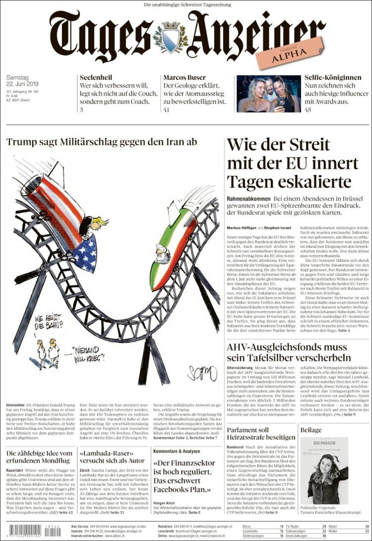 Portada de Tages-Anzeiger (Suiza)