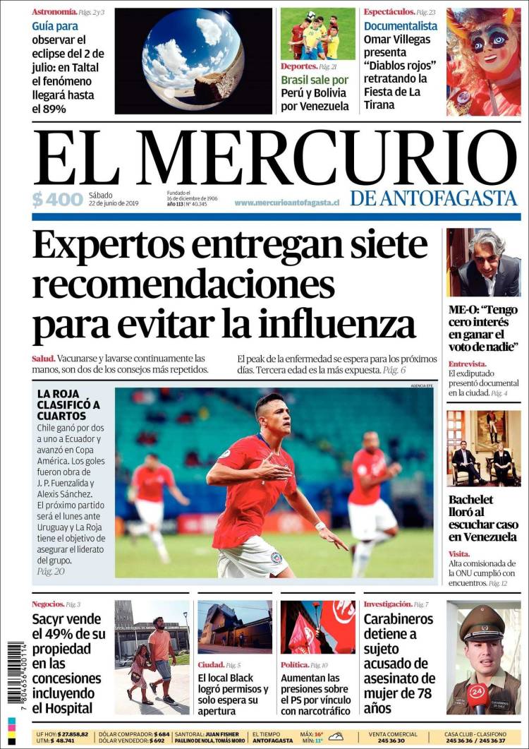 Portada de El Mercurio de Antofagasta (Chile)
