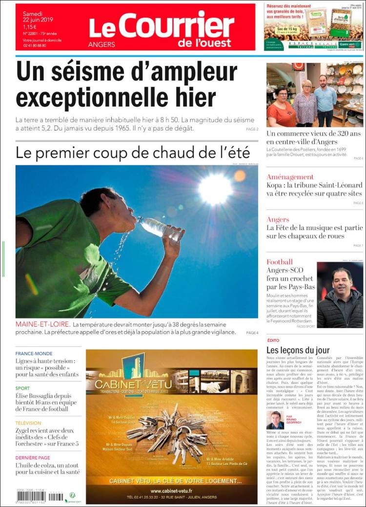 Portada de Le Courrier de l'Ouest (France)