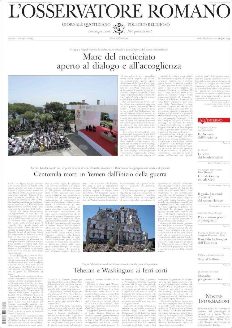 Portada de L'Osservatore Romano (Italia)