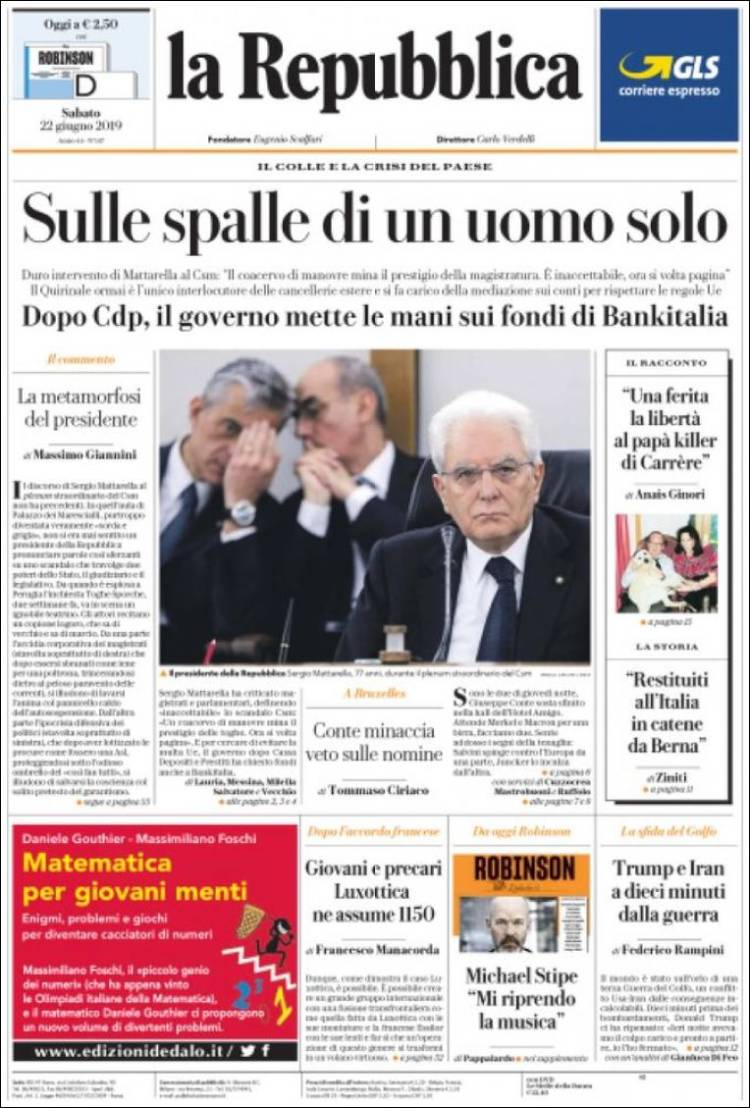 Portada de La Repubblica (Italia)