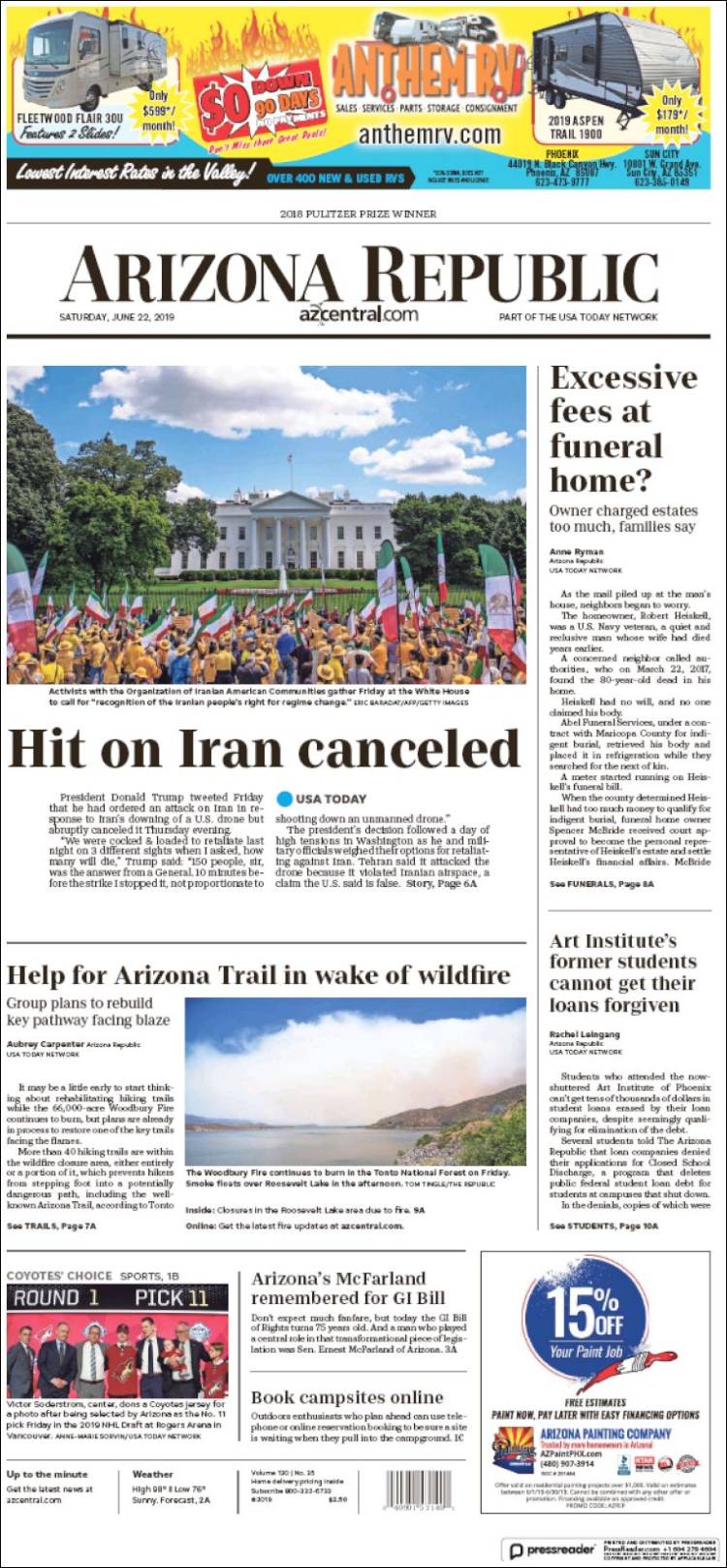 Portada de Arizona Republic News (USA)