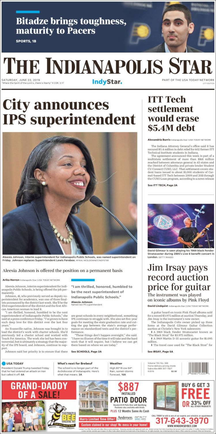 Portada de The Indianapolis Star (USA)