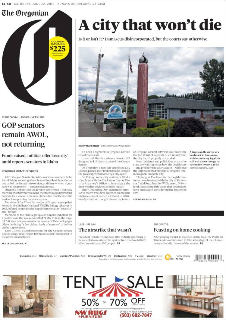 Portada de The Oregonian (USA)