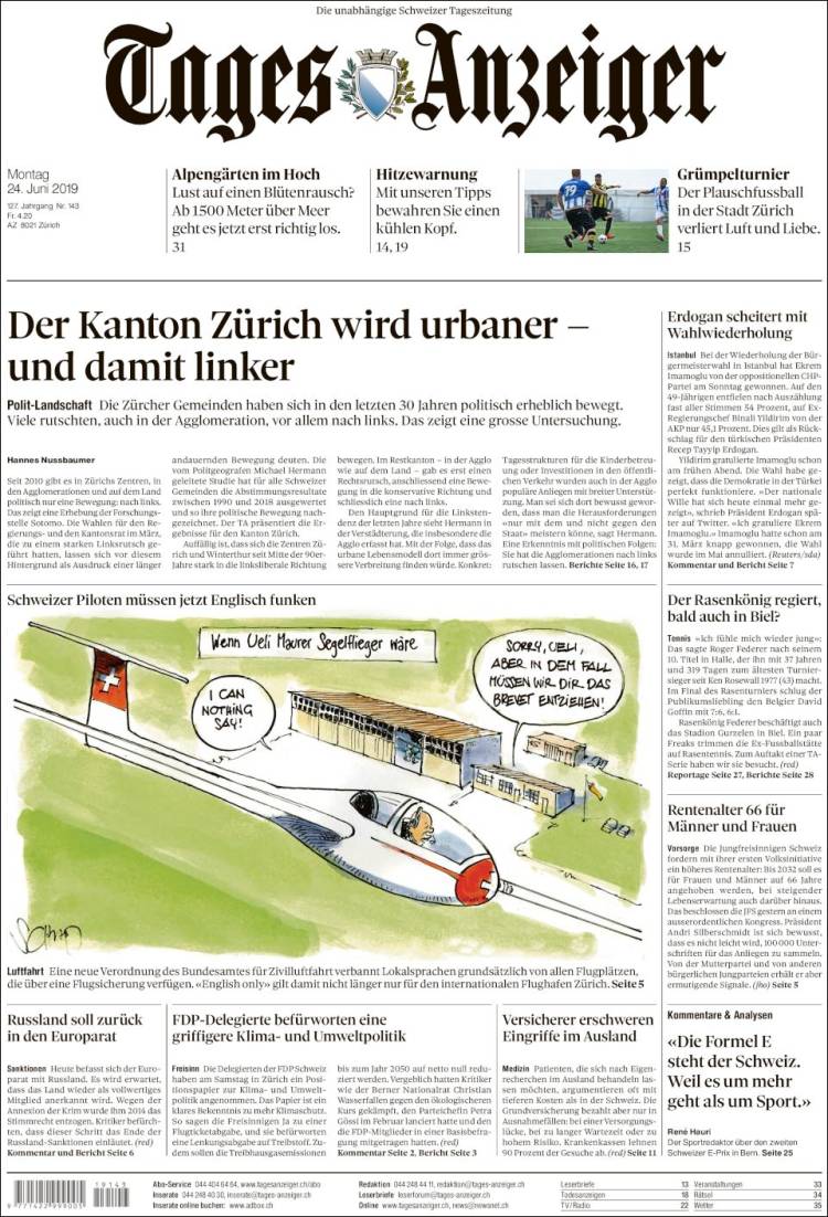 Portada de Tages-Anzeiger (Suiza)