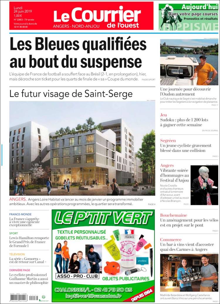 Portada de Le Courrier de l'Ouest (Francia)