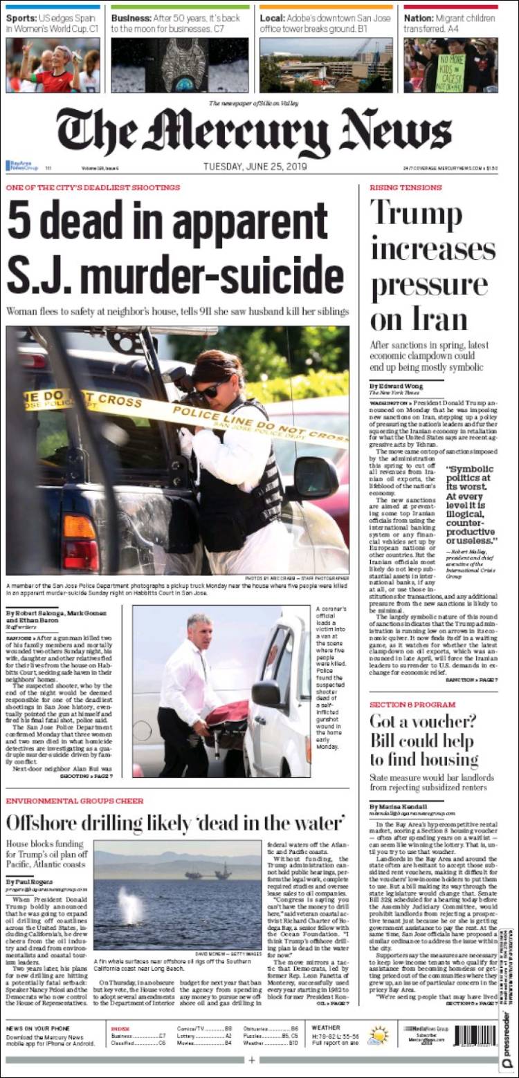 Portada de San Jose Mercury News (USA)