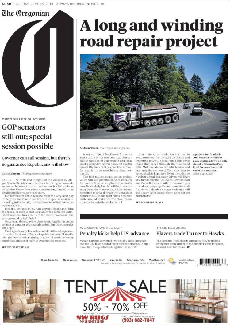 Portada de The Oregonian (USA)