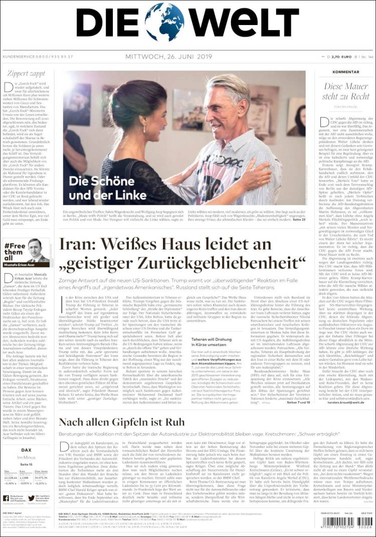 Portada de Die Welt (Germany)