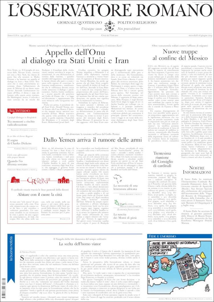 Portada de L'Osservatore Romano (Italia)