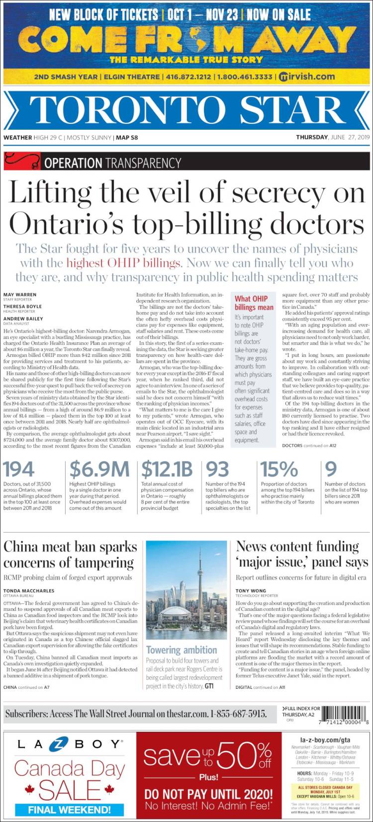 Portada de The Toronto Star (Canada)