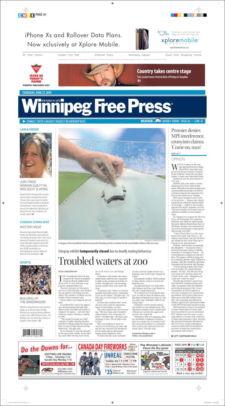 Portada de Winnipeg Free Press (Canadá)