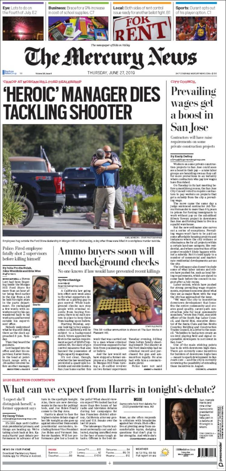 Portada de San Jose Mercury News (USA)