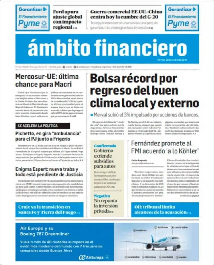 Portada de Diario Ambito Financiero (Argentine)