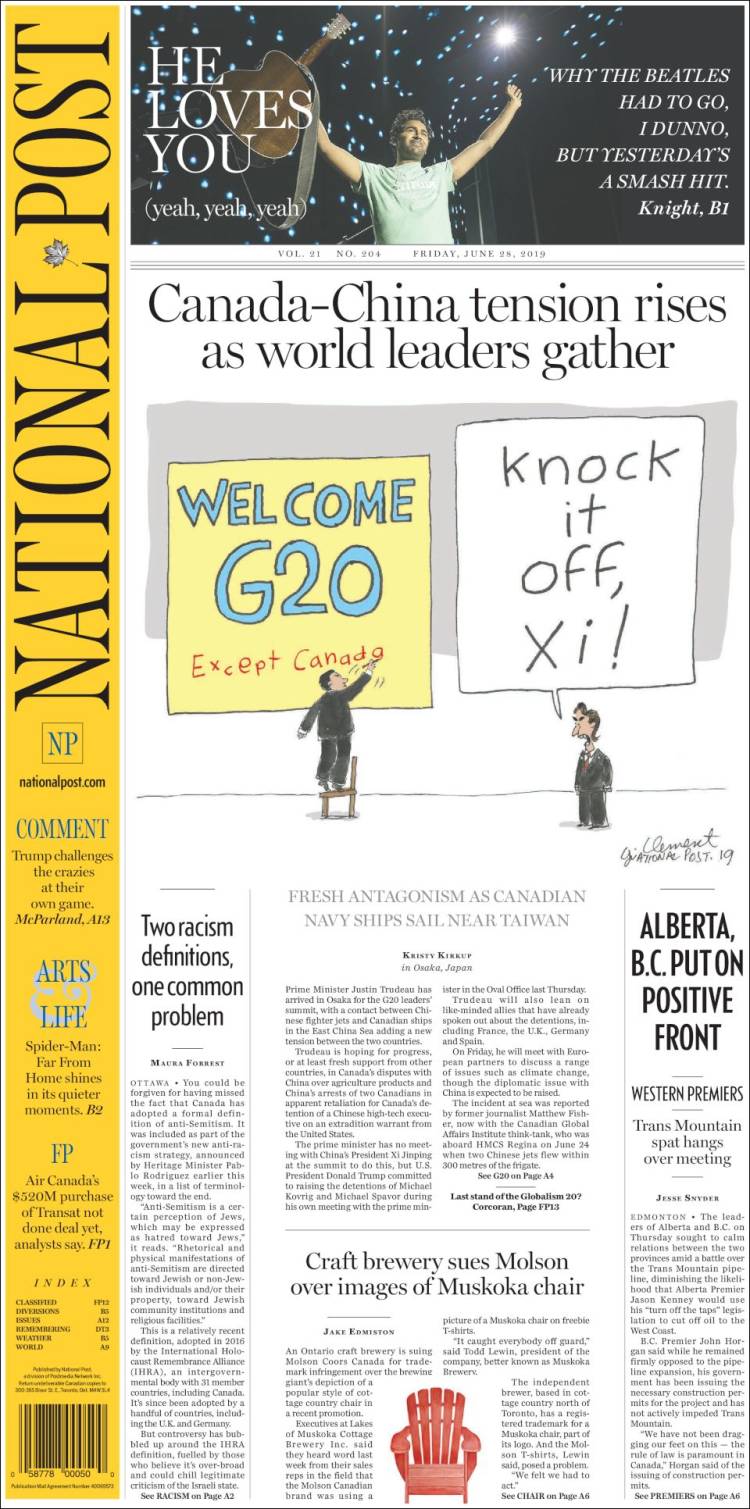 Portada de The National Post (Canada)