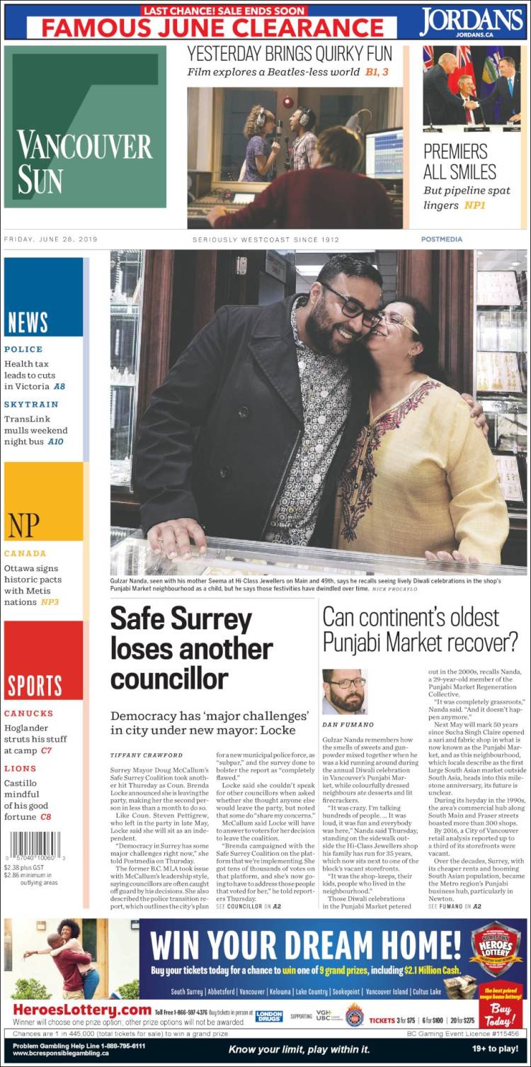 Portada de The Vancouver Sun (Canada)