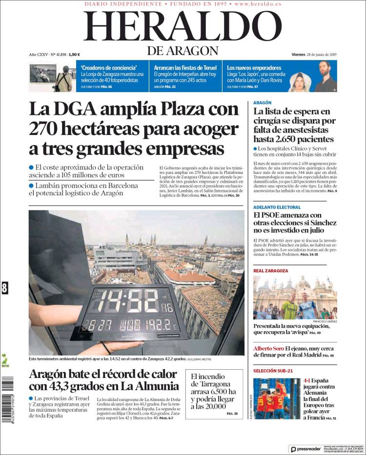 Portada de Heraldo de Aragón (Espagne)