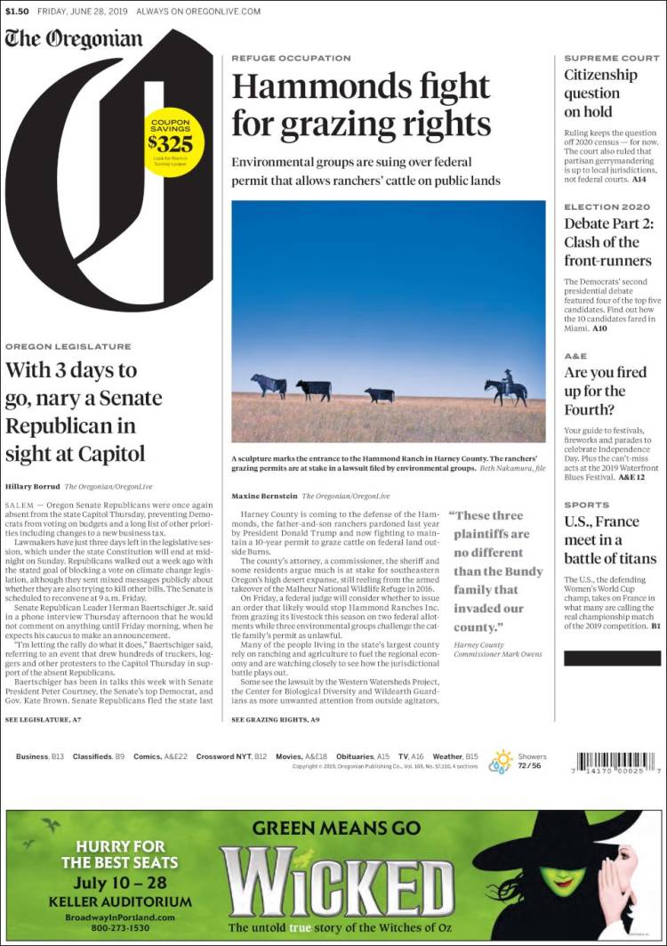 Portada de The Oregonian (USA)