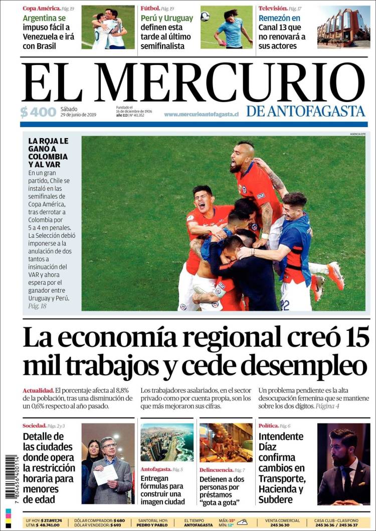 Portada de El Mercurio de Antofagasta (Chile)