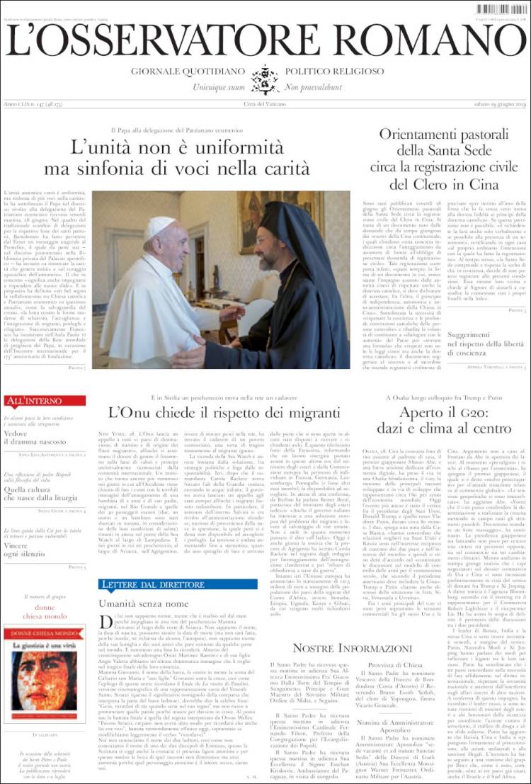 Portada de L'Osservatore Romano (Italia)