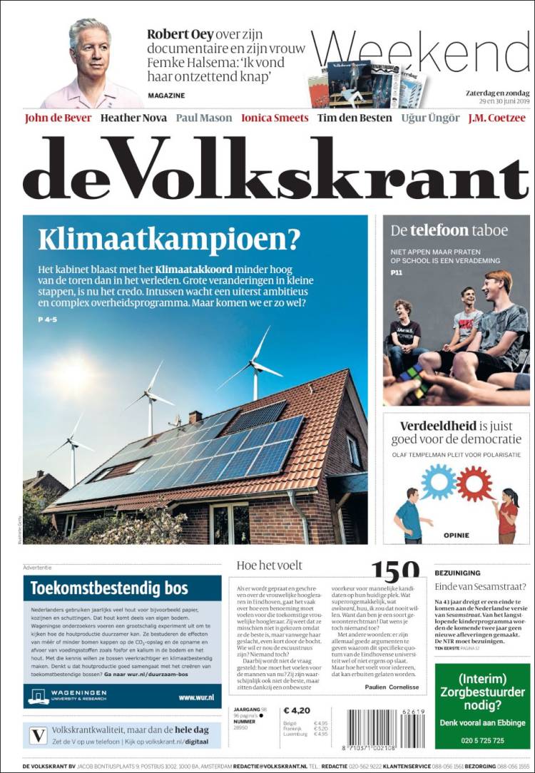 Portada de De Volkskrant (Pa&iacute;ses Bajos)