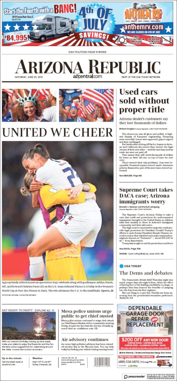 Portada de Arizona Republic News (USA)