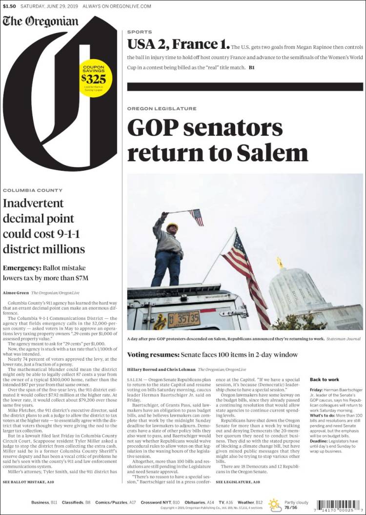 Portada de The Oregonian (USA)