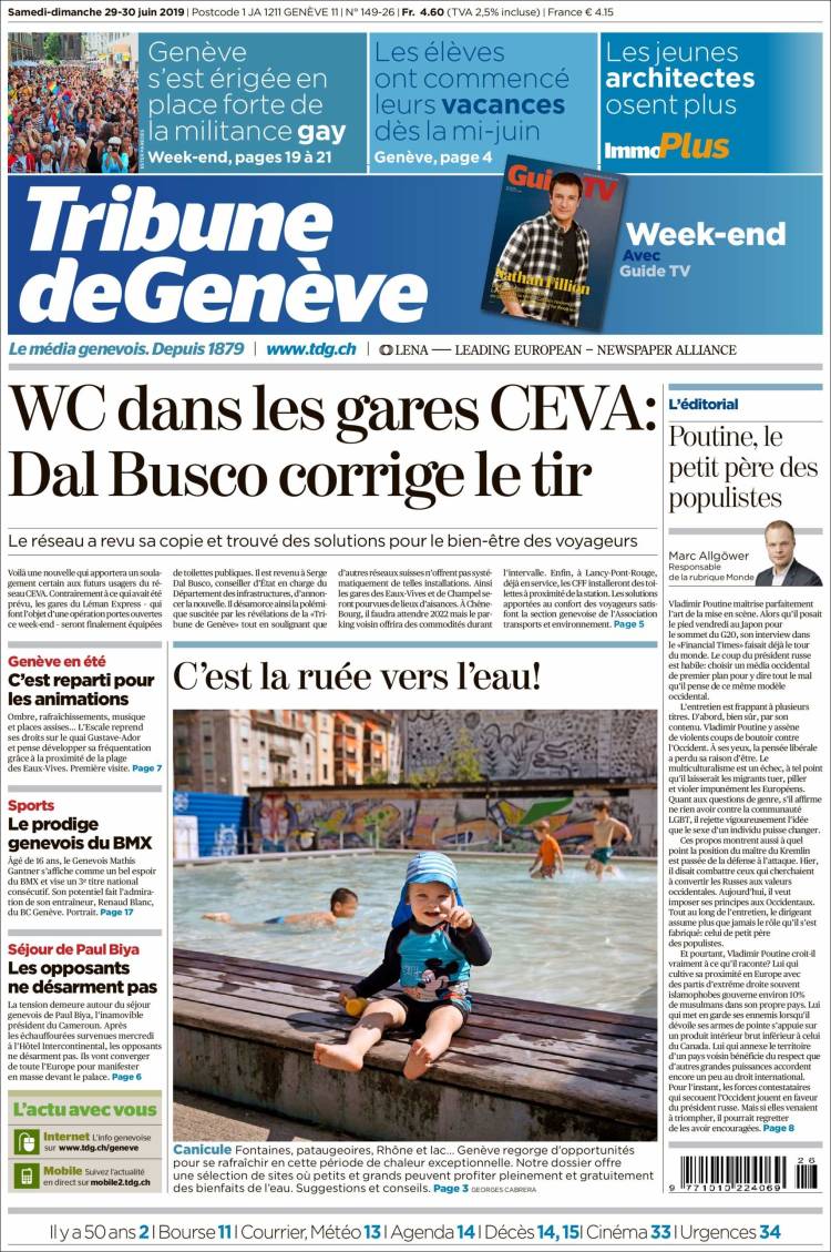 Portada de La Tribune de Genève (Suiza)