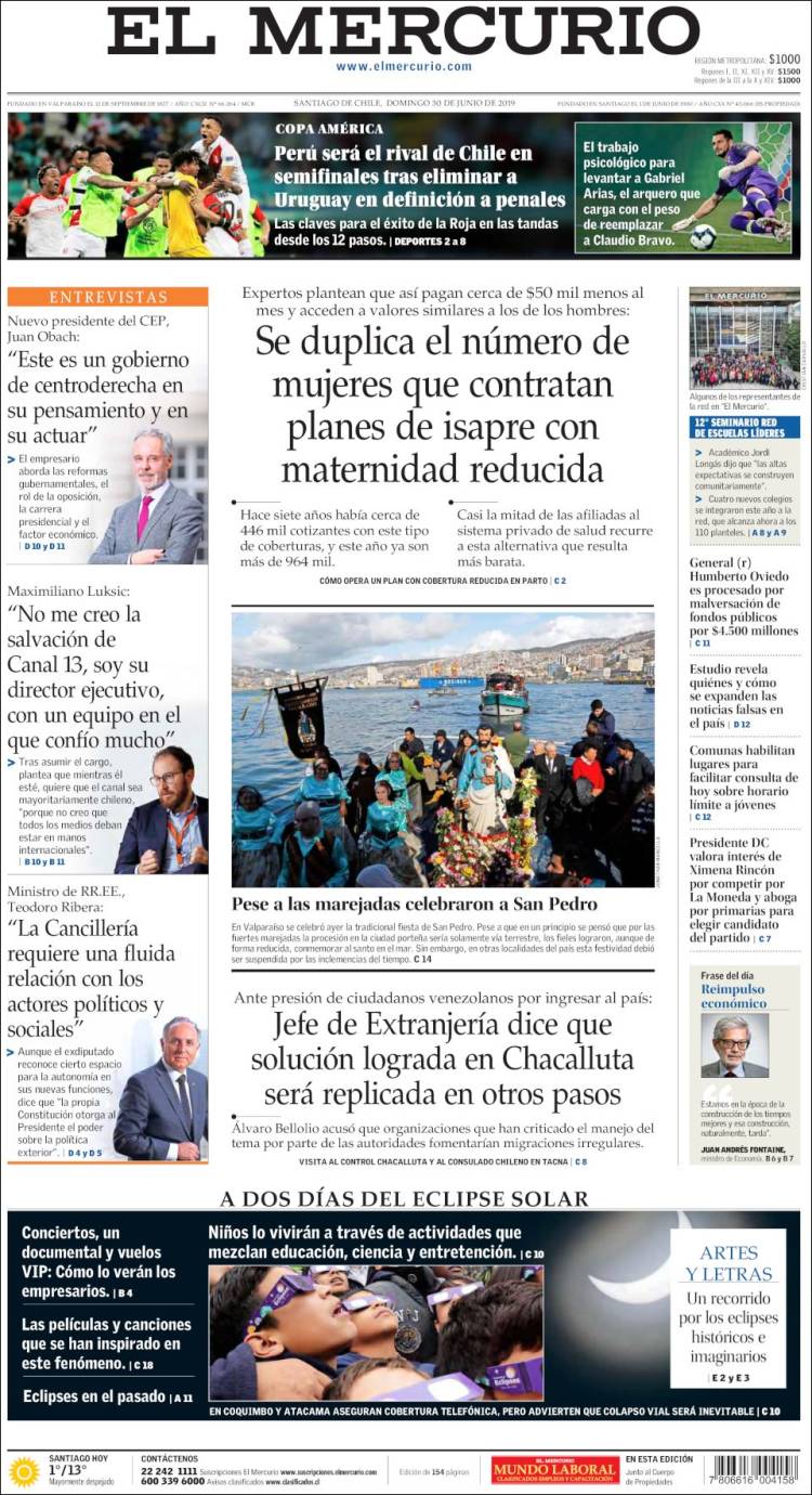 Portada de El Mercurio (Chile)