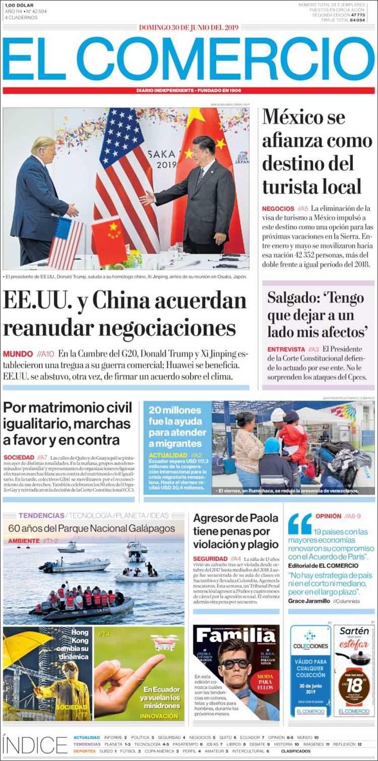 Portada de El Comercio (Ecuador)