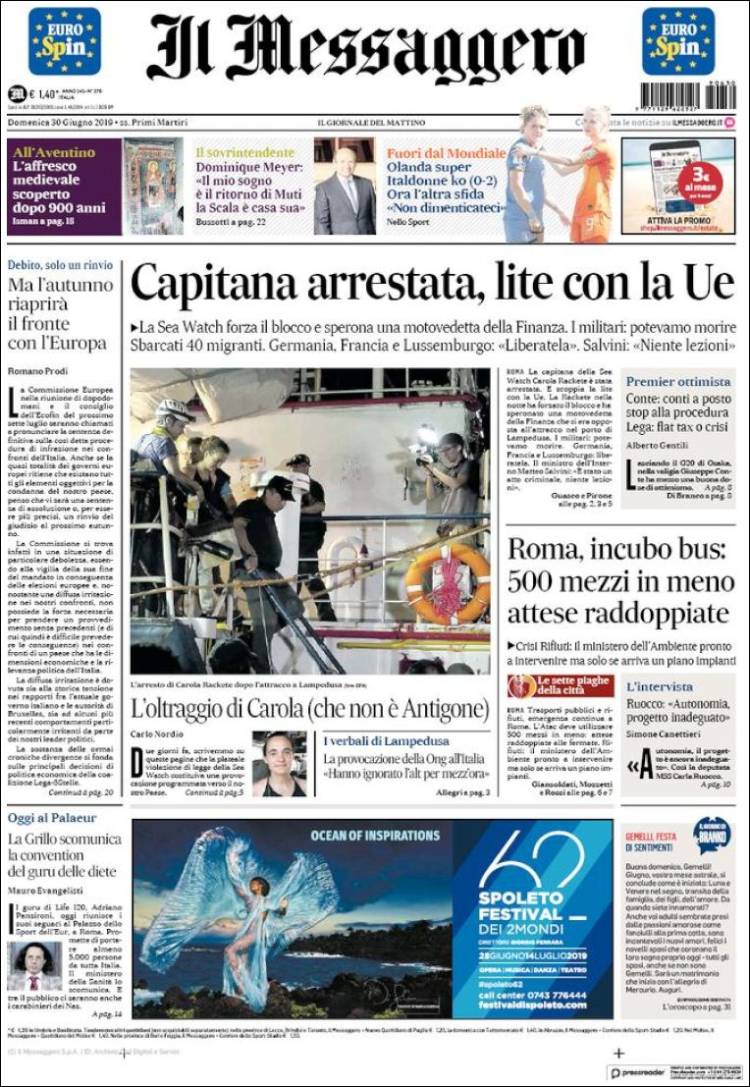 Portada de Il Messaggero (Italia)