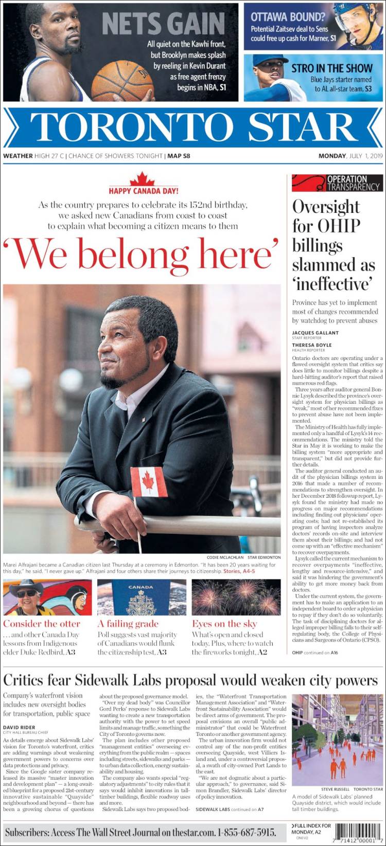 Portada de The Toronto Star (Canadá)