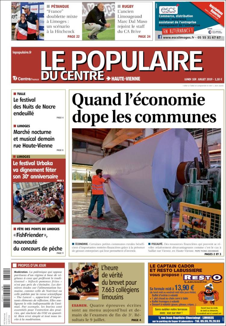 Portada de Le Populaire du Centre (Francia)