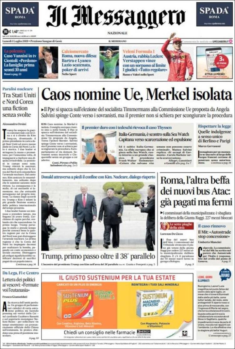 Portada de Il Messaggero (Italia)
