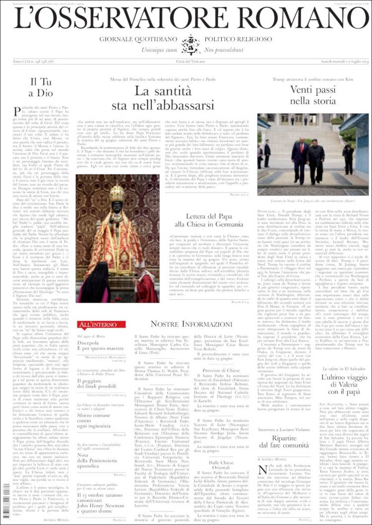 Portada de L'Osservatore Romano (Italia)