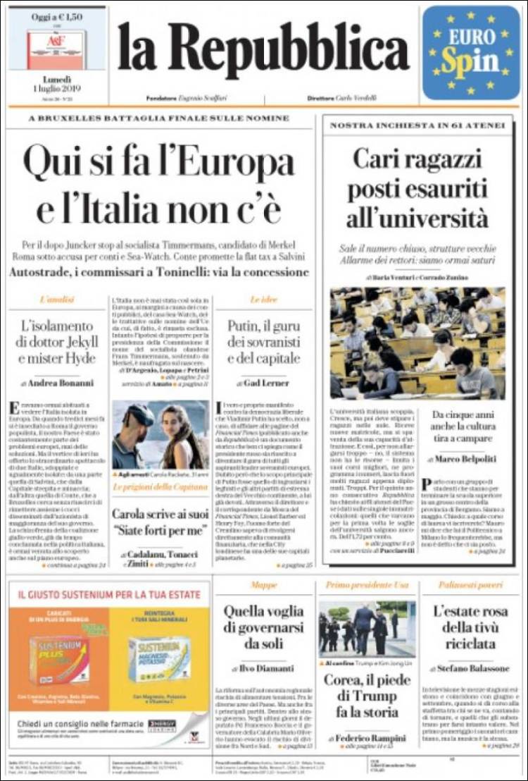 Portada de La Repubblica (Italia)