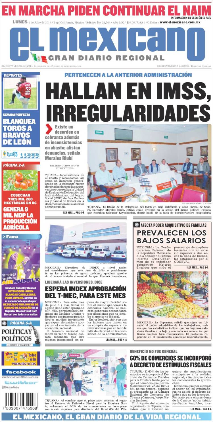 Portada de El Mexicano - El Gran Diario Regional (M&eacute;xico)