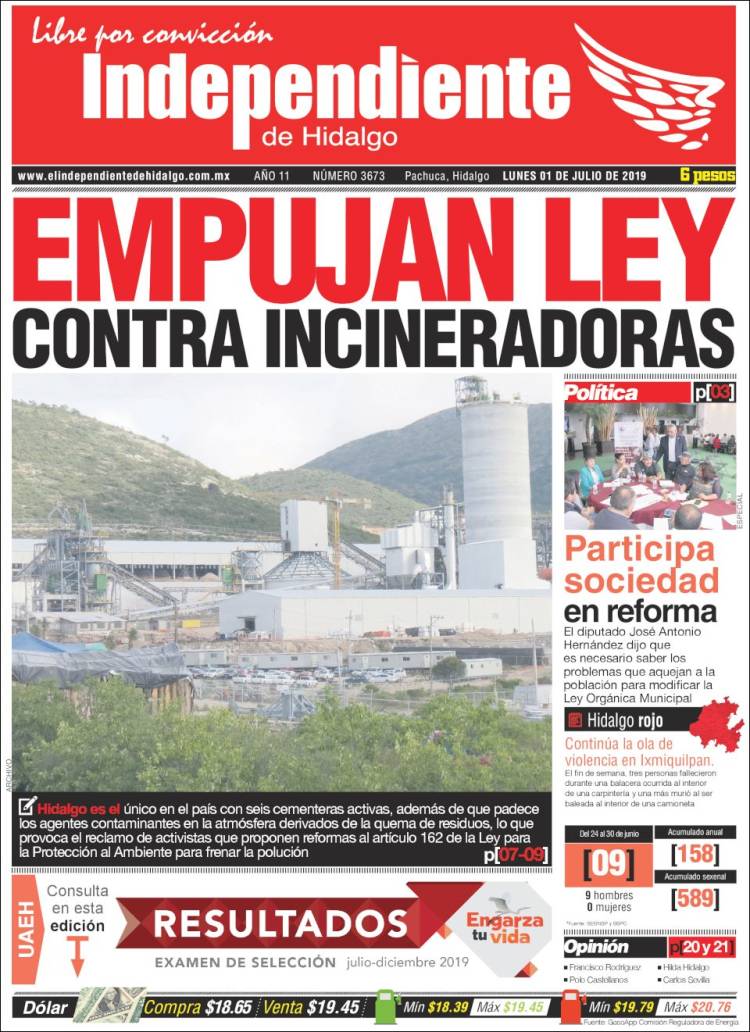 Portada de El Independiente de Hidalgo (M&eacute;xico)