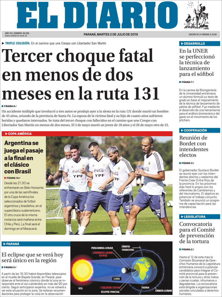 Portada de El Diario de Paraná (Argentina)