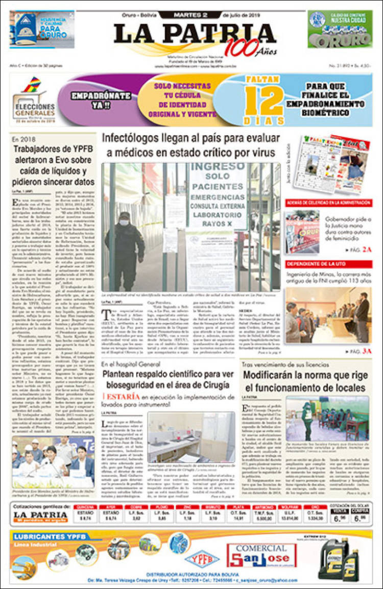 Portada de La Patria (Bolivia)