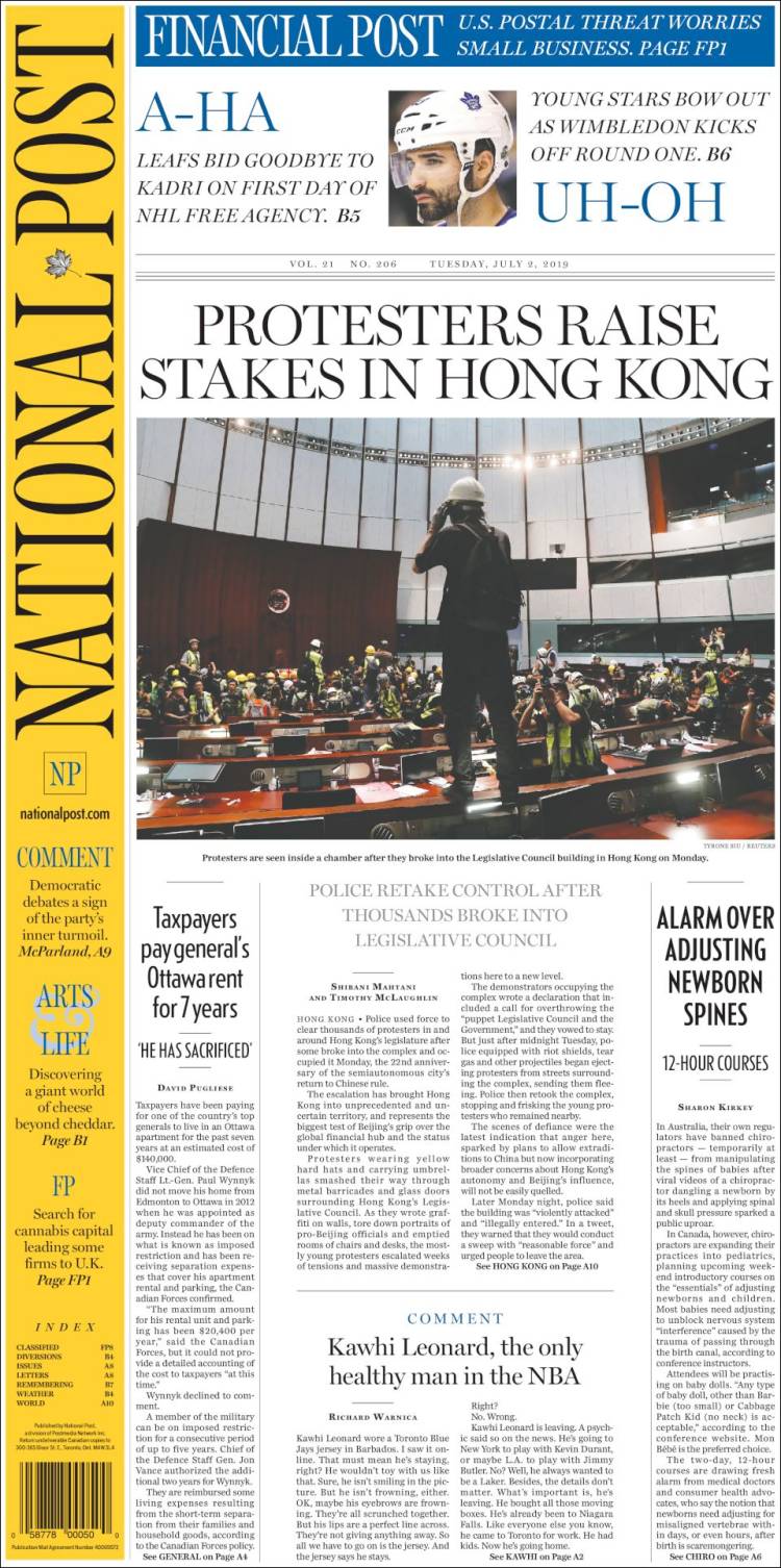 Portada de The National Post (Canada)