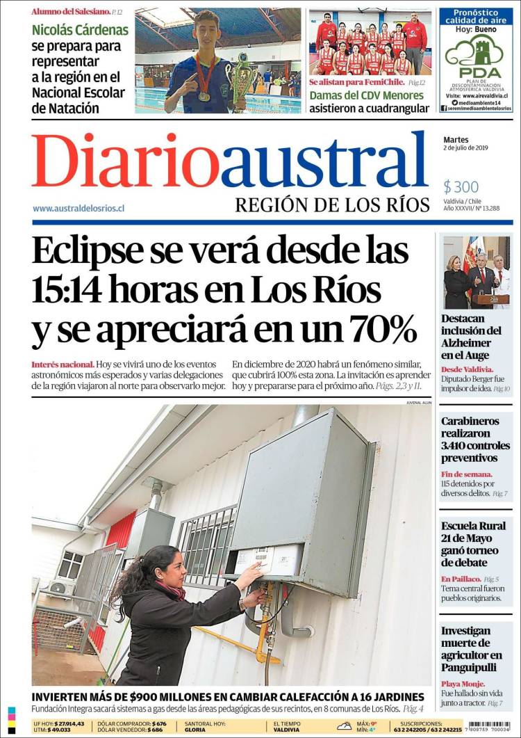 Portada de El Diario Austral de Valdivia (Chile)