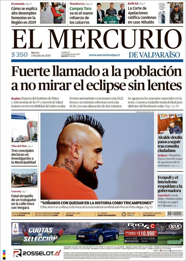 Portada de Mercurio de Valparaiso (Chile)