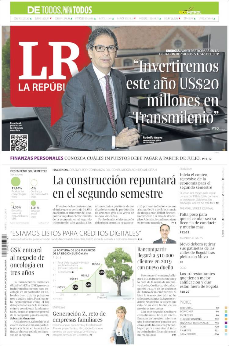 Portada de La Republica (Colombia)